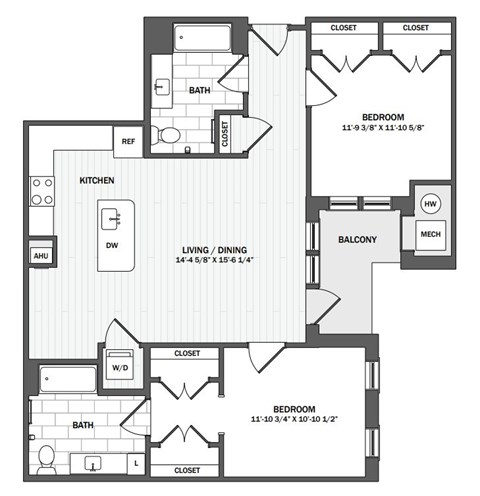 A floor plan of a house with two bedrooms, a living room, a kitchen, a bathroom, and a balcony.